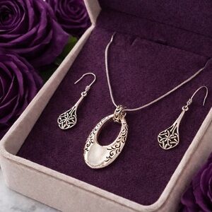 925 Italy Sterling Silver Filigree Pendant Necklace & Teardrop Earrings Set 16”